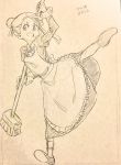  1girl apron broom dated highres kagari_atsuko kicking little_witch_academia maid maid_apron maid_cap mochiro_anm pose sketch solo 