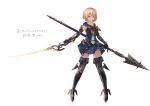  1girl :o absurdres armor black_gloves blonde_hair blue_skirt boots bow breasts brown_eyes dual_wielding fantasy full_body gauntlets gloves highres katana looking_at_viewer original polearm red_bow short_hair skirt small_breasts solo spear standing sword thigh-highs weapon yashiron2011 