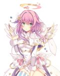  1girl copyright_request dress gradient_hair green_hair halo hand_on_own_chest multicolored_hair pink_dress pink_hair purple_hair rento_(rukeai) solo star white_dress wings 