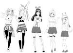  5girls a.i._channel adapted_costume animal_ears antenna_hair backless_outfit bow cardigan_around_waist crossover dennou_shoujo_youtuber_shiro detached_sleeves fox_ears fox_tail greyscale hair_bow highres kaguya_luna kaguya_luna_(character) kemomimi_oukoku_kokuei_housou kizuna_ai long_hair midriff mikoko_(kemomimi_oukoku_kokuei_housou) mirai_akari mirai_akari_project monochrome multiple_girls one_eye_closed pleated_skirt shiro_(dennou_shoujo_youtuber_shiro) short_hair side_ponytail skirt sleeveless tail thigh-highs tsuhiki_koyomi twintails virtual_youtuber white_background 