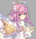  +_+ 1girl character_request dress hair_ornament halo hand_on_own_chest holding_star long_sleeves looking_at_viewer multicolored_hair pink_hair profile purple_hair rento_(rukeai) shironeko_project solo star star_hair_ornament upper_body white_dress wings 