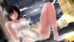  1girl amagami arm_support black_hair blush brown_eyes commentary dutch_angle in_water leaning_back looking_at_viewer murasaki_iro nanasaki_ai one_leg_raised onsen parted_lips railing see-through shooting_star short_hair sitting sky snow soaking_feet solo spread_legs star_(sky) starry_sky tan tanline towel tree wet_towel 