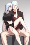  1boy 1girl ;d aqua_eyes barefoot belt black_choker black_shirt black_shorts breasts choker collarbone couple crop_top crop_top_overhang dated hair_between_eyes hand_on_another&#039;s_cheek hand_on_another&#039;s_face hand_on_another&#039;s_thigh highres hood hoodie kagami_(openxlock) large_breasts leg_lift long_hair looking_back midriff navel one_eye_closed open_mouth orange_eyes original raglan_sleeves shirt short_shorts shorts sitting sitting_on_lap sitting_on_person smile stomach white_hair 