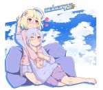  2girls ;) acceleration_of_suguri_2 ahoge alternate_costume ankles arm_up bangs barefoot blonde_hair blue_shirt blush clouds commentary copyright_name couple flower hair_flower hair_ornament hands_on_lap heart highres hime_(suguri) knees kurouniwa light_blue_hair long_hair lying lying_on_person medium_hair multiple_girls one_eye_closed parted_bangs pillow pink_shirt pleated_skirt red_eyes shirt shorts sitting skirt sky smile suguri suguri_(character) tagme yuri 