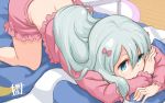  1girl all_fours bangs blue_eyes blurry bow depth_of_field eromanga_sensei eyebrows floor grey_hair hair_between_eyes hair_bow highres izumi_sagiri long_hair long_sleeves low-tied_long_hair open_mouth pajamas pink_bow pink_shirt pink_shorts rug shirt shorts solo sou_(pale_1080) straight_hair table top-down_bottom-up wooden_floor 