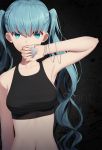  1girl armpits bangs bare_arms bare_shoulders black_shirt blue_eyes blue_hair breasts character_name commentary_request covered_mouth crop_top fingernails hair_between_eyes hand_up hatsune_miku highres holding ji_dao_ji long_hair medium_breasts navel shirt sleeveless sleeveless_shirt solo twintails upper_body very_long_hair vocaloid 