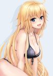  1girl :d ahoge bangs bare_shoulders bikini black_bikini blonde_hair blue_eyes breasts cleavage commentary_request eyebrows_visible_through_hair fate/apocrypha fate_(series) front-tie_bikini front-tie_top grey_background hair_between_eyes halterneck highres jeanne_d&#039;arc_(fate) jeanne_d&#039;arc_(fate)_(all) large_breasts long_hair looking_at_viewer open_mouth revision shadow shinno simple_background smile solo swimsuit very_long_hair 
