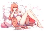  &gt;:) 1girl bare_legs barefoot blush bra closed_mouth fate/grand_order fate_(series) fingernails frilled_pillow frills hanakeda_(hanada_shiwo) hands_on_own_chest hands_up long_hair looking_at_viewer medb_(fate/grand_order) navel orange_eyes orange_hair pillow skirt smile solo tiara translation_request underwear v-shaped_eyebrows very_long_hair white_bra white_skirt 