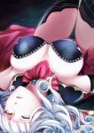  1girl ass_visible_through_thighs bangs black_choker black_legwear blunt_bangs breasts breasts_apart carmilla_(fate/grand_order) choker cleavage curly_hair eyebrows eyelashes fate/grand_order fate_(series) gem hair_over_shoulder large_breasts long_hair looking_away lying on_back open_mouth sayvi shoulder_pads showgirl_skirt slit_pupils solo strapless supportasse thigh-highs thigh_gap white_hair yellow_eyes 