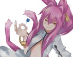  1girl animal_ears bangs blazblue candy cat_ears cat_girl cat_tail coat eyebrows eyebrows_visible_through_hair fingernails food glasses grin hair_between_eyes hair_flaps hair_ribbon hand_up highres holding kokonoe lollipop long_hair looking_at_viewer midriff multiple_tails ok_sign orange_eyes pince-nez pink_hair ponytail ribbon rimless_eyewear sidelocks simple_background smile solo sou_(pale_1080) tail thick_eyebrows turtleneck two_tails white_background white_coat 