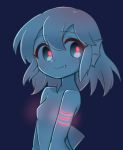  1girl animal_ears blue_background blue_eyes blue_hair blue_sclera blue_skin blush breasts closed_mouth fang_out fish_girl_(kai_himo) gills glowing gradient_hair head_fins kai_himo looking_at_viewer monster_girl multicolored_hair nude original pink_hair red_pupils simple_background small_breasts smile solo tail upper_body 