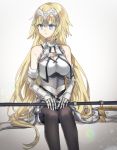  1girl armor armored_dress black_legwear blonde_hair blue_eyes breasts chains chibirisu cleavage elbow_gloves fate/grand_order fate_(series) flagpole gauntlets gloves jeanne_d&#039;arc_(fate) jeanne_d&#039;arc_(fate)_(all) large_breasts long_hair looking_to_the_side solo thigh-highs very_long_hair 