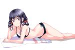  1girl adagaki_aki bikini black_bikini black_eyes black_hair feet_out_of_frame highres long_hair low_twintails lying masamune-kun_no_revenge navel on_side polka_dot polka_dot_bikini side-tie_bikini sim smile solo sunhyun swimsuit towel twintails white_background 