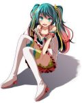  1girl :d absurdres bangs blue_eyes blue_hair boots collarbone earrings eyebrows_visible_through_hair hair_between_eyes hair_ornament hatsune_miku highres jewelry long_hair multicolored_hair open_mouth project_diva_(series) short_shorts shorts simple_background smile solo star star_hair_ornament thigh-highs thigh_boots tsukishiro_saika twintails vocaloid white_background white_footwear yellow_shorts 