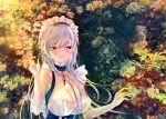 1girl :d apron arms_up azur_lane bangs bare_shoulders belfast_(azur_lane) blush braid breasts chains cleavage collar collarbone commentary_request corset eyebrows_visible_through_hair flower french_braid frilled_apron frilled_gloves frills garden gloves jewelry large_breasts leaf maid maid_apron maid_headdress open_mouth outdoors ring silver_hair sleeveless smile tsunano_(koi_pink) white_apron white_gloves 