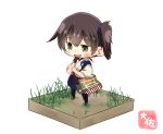  1girl :d artist_name bag black_legwear blue_hakama brown_eyes brown_hair chibi cross_section faux_figurine grey_footwear hakama hakama_skirt isometric japanese_clothes kaga_(kantai_collection) kantai_collection open_mouth revision shoes short_hair shoulder_bag side_ponytail simple_background smile solo taisa_(kari) tasuki thigh-highs white_background 