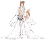 1girl absurdres animal_ears bouquet breasts brown_eyes brown_hair cleavage_cutout commission dress flower fox_ears fox_tail full_body high_heels highres holding kiyone long_dress looking_at_viewer manosdetrapo medium_breasts original rose side_slit sleeveless sleeveless_dress smile solo standing tail thigh-highs transparent_background veil wedding_dress white_dress white_flower white_footwear white_legwear white_rose 