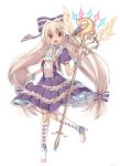  bird boots bow copyright_request dress holding holding_staff long_hair looking_at_viewer open_mouth phoenix purple_bow purple_dress red_eyes rento_(rukeai) short_sleeves smile staff tan white_footwear white_hair 