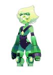  1girl 3: ass_visible_through_thighs collarbone cropped_legs df_img forehead_jewel green_hair green_skin leotard looking_at_viewer mechanical_arms mechanical_legs peridot_(steven_universe) serious simple_background solo steven_universe upper_body visor white_background 