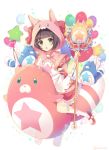  1girl :o animal animal_hood aqua_eyes balloon bow brown_hair bunny_hood copyright_request hood looking_at_viewer red_bow rento_(rukeai) riding star white_legwear wings 