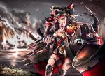  1girl alternate_breast_size aqua_eyes azur_lane belt black_hair blurry blurry_background boots bow breasts cleavage coin deutschland_(azur_lane) gauntlets goggles goggles_on_headwear greatcoat gun handgun hat holding holding_weapon knee_boots long_sleeves looking_at_viewer machinery medium_breasts military military_uniform multicolored_hair naka_(nakamaru_ak) ocean pistol redhead scarf scarf_bow ship shipwreck sinking smile solo standing streaked_hair thigh_strap uniform watercraft weapon 