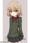  1girl bangs black_skirt blonde_hair blue_eyes closed_mouth commentary cowboy_shot emblem eyebrows_visible_through_hair flipper girls_und_panzer green_jacket grey_background jacket katyusha long_sleeves looking_at_viewer miniskirt pleated_skirt pravda_school_uniform red_shirt school_uniform shirt short_hair skirt smile solo standing turtleneck twitter_username 