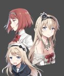  3girls :d ark_royal_(kantai_collection) blonde_hair blue_hair blue_sailor_collar braid cnm crown dress flower french_braid grey_background hair_between_eyes hairband hat highres jervis_(kantai_collection) jewelry kantai_collection long_hair mini_crown multiple_girls necklace off-shoulder_dress off_shoulder open_mouth puffy_short_sleeves puffy_sleeves red_flower red_ribbon red_rose redhead ribbon rose sailor_collar short_hair short_sleeves simple_background smile tiara warspite_(kantai_collection) white_dress white_hat 