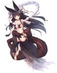  1girl absurdres animal_ears bare_shoulders barefoot bell black_hair black_legwear blush breasts cleavage collarbone eyebrows_visible_through_hair full_body granblue_fantasy hair_bell hair_ornament highres large_breasts looking_at_viewer navel open_mouth red_eyes sideboob simple_background smile solo tail thigh-highs white_background ym_(distance819) yuel_(granblue_fantasy) 