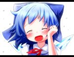  1girl :d arm_up bangs blue_bow blue_hair blue_vest blush bow cirno commentary_request crying eyebrows_visible_through_hair facing_viewer fang glint hair_bow happy_tears head_tilt ice ice_wings jewelry letterboxed long_hair makuran neck_ribbon open_mouth puffy_short_sleeves puffy_sleeves red_ribbon ribbon ring shirt short_sleeves smile solo tears touhou vest wedding_ring white_background white_shirt wings 