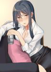  1girl alcohol beer blush breasts cleavage collared_shirt grey_background grey_hair holding large_breasts long_hair long_sleeves looking_at_viewer orange_eyes original pallad parted_lips pencil_skirt popped_collar shirt skirt solo white_shirt wing_collar 