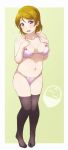  1girl bikini black_legwear blush breasts brown_hair clenched_hands collarbone commentary_request full_body green_background hands_on_own_chest koizumi_hanayo looking_at_viewer love_live! love_live!_school_idol_project medium_breasts midriff navel no_shoes open_mouth pigeon-toed pink_bikini rice_bowl short_hair simple_background solo standing swimsuit thigh-highs turkey_min violet_eyes 