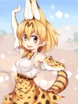  1girl :d animal_ears asutora bare_shoulders blonde_hair blush bow bowtie commentary_request elbow_gloves gloves hand_up high-waist_skirt kemono_friends looking_at_viewer open_mouth orange_eyes orange_neckwear orange_skirt serval_(kemono_friends) serval_ears serval_print serval_tail short_hair skirt smile solo tail 