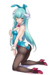  1girl animal_ears aqua_hair ass black_legwear blue_leotard bow bowtie breasts bunny_tail bunnysuit detached_collar dragon_horns fate/grand_order fate_(series) fishnet_pantyhose fishnets full_body high_heels horns kiyohime_(fate/grand_order) kneeling leotard looking_at_viewer merufena pantyhose rabbit_ears red_footwear red_neckwear simple_background small_breasts solo strapless strapless_leotard tail white_background wrist_cuffs yellow_eyes 