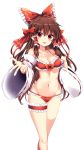  1girl bare_shoulders bikini blush bow breasts brown_hair cleavage collarbone commentary_request detached_sleeves eyebrows_visible_through_hair feet_out_of_frame frilled_bikini frilled_bow frills groin hair_bow hair_tubes hakurei_reimu halterneck highres leg_garter long_hair long_sleeves looking_at_viewer maturiuta_sorato medium_breasts navel open_mouth red_bikini red_bow red_eyes sidelocks simple_background smile solo standing stomach swimsuit touhou very_long_hair white_background wide_sleeves 