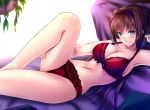  1girl akeyama_kitsune aozaki_aoko bed blue_eyes bra brown_hair commentary_request feet_out_of_frame frilled_bra frilled_panties frills hair_intakes long_hair looking_at_viewer lying mahou_tsukai_no_yoru panties parted_lips red_bra red_panties slit_pupils solo tsukihime underwear 