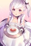  1girl apron azur_lane belfast_(azur_lane) braid chains chestnut_mouth collar commentary_request corset cup dolce_(dolsuke) eyebrows_visible_through_hair french_braid frilled_apron frilled_gloves frills gloves holding holding_tray looking_at_viewer maid maid_apron maid_headdress plate silver_hair teacup tray white_apron white_gloves younger 