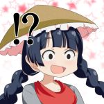  !? 1girl :d ajirogasa black_hair braid cato_(monocatienus) commentary_request eyebrows_visible_through_hair face hat long_hair looking_away open_mouth smile solo star starry_background surprised sweat touhou twin_braids wide-eyed yatadera_narumi 