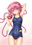  1girl armpits blue_swimsuit cowboy_shot eyeball hairband heart heart_of_string highres komeiji_satori pink_hair red_eyes red_hairband roura school_swimsuit short_hair simple_background solo swimsuit third_eye touhou white_background 