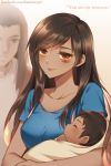  1boy 2girls ana_(overwatch) atobesakunolove baby bangs black_hair blue_shirt blurry breasts brown_eyes closed_eyes closed_mouth collarbone commentary cradling dark_skin english_commentary eye_of_horus eyebrows_visible_through_hair facebook_username facial_tattoo family grin hair_between_eyes happy highres husband_and_wife long_hair looking_at_viewer medium_breasts multiple_girls overwatch pharah_(overwatch) sam_(overwatch) shiny shiny_hair shirt short_sleeves smile swept_bangs tattoo tears upper_body vest watermark web_address white_vest younger 