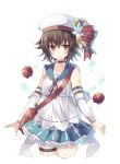  1girl apple bag blue_skirt bow brown_eyes brown_hair detached_sleeves dress food fruit grimms_notes hat hat_bow looking_at_viewer red_bow rento_(rukeai) ribbon sailor_collar short_hair skirt smile solo thigh-highs water white_dress white_ribbon 