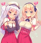  2girls :o ajax_(azur_lane) azur_lane bangs beret black_bow black_hairband blonde_hair blue_eyes blush bow breasts closed_mouth commentary_request detached_sleeves dress_shirt elbow_gloves eyebrows_visible_through_hair fingerless_gloves gloves grey_background hair_between_eyes hairband hat head_tilt heart leander_(azur_lane) long_hair long_sleeves multiple_girls one_side_up parted_lips pink_skirt piyodera_mucha shirt short_sleeves silver_hair skirt small_breasts smile very_long_hair violet_eyes white_gloves white_hat white_shirt 