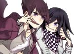 2boys anger_vein bangs black_hair checkered checkered_neckwear checkered_scarf collarbone commentary_request dangan_ronpa_(series) dangan_ronpa_v3:_killing_harmony facial_hair fangs finger_in_another&#039;s_mouth grey_jacket grey_shirt hair_between_eyes hand_on_another&#039;s_face jacket kitsunebi_v3kokonn long_sleeves looking_at_another male_focus momota_kaito multiple_boys open_clothes open_mouth open_shirt ouma_kokichi pink_jacket scarf shiny shiny_hair shirt short_hair simple_background teeth upper_body violet_eyes 