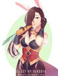  1girl absurdres alternate_costume animal_ears artist_name bare_shoulders breasts brown_eyes brown_hair bunnysuit bustier carrot cleavage corset deh_sofa fake_animal_ears fire_emblem fire_emblem_heroes fire_emblem_if food frills gloves hair_over_one_eye hair_tucking highres holding holding_food jewelry kagerou_(fire_emblem_if) large_breasts long_hair looking_at_viewer necklace ninja pantyhose ponytail rabbit_ears solo 
