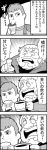  2boys 4koma bkub bouleuse_gotho chirico_cuvie comic cup emphasis_lines facial_hair goatee greyscale highres holding holding_cup ip_police_tsuduki_chan monochrome multiple_boys open_mouth pointing short_hair shouting sideburns simple_background slurping soukou_kihei_votoms speech_bubble sweatdrop talking translation_request two-tone_background 
