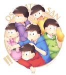  !! 6+boys :3 angry blue_eyes blue_hoodie brown_hair clenched_hands crossed_arms diagonal-striped_background diagonal_stripes green_eyes green_hoodie hand_on_another&#039;s_head heart heart_in_mouth matsuno_choromatsu matsuno_ichimatsu matsuno_juushimatsu matsuno_karamatsu matsuno_osomatsu matsuno_todomatsu multiple_boys one_eye_closed open_mouth osomatsu-san pink_eyes pink_hoodie pointing purple_hoodie red_eyes red_hoodie rento_(rukeai) sleeves_rolled_up smile striped striped_background sweatdrop title violet_eyes yellow_hoodie yellow_pupils 