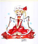  1girl :d ascot asutora blonde_hair commentary_request flandre_scarlet flower hair_between_eyes hair_ornament hat looking_at_viewer one_side_up open_mouth pillow_hat puffy_short_sleeves puffy_sleeves red_eyes red_flower red_rose red_skirt red_vest rose short_sleeves sitting skirt smile solo touhou vest wariza wings yellow_neckwear 