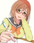  1girl ankoiri bangs blurry_foreground bow bowtie brown_hair character_print chin_rest dutch_angle elbows_on_table eyebrows_visible_through_hair foreshortening highres holding holding_pencil homework hoshizora_rin kunikida_hanamaru long_hair long_sleeves looking_at_viewer love_live! love_live!_school_idol_project love_live!_sunshine!! mechanical_pencil open_mouth orange_neckwear pencil red-framed_eyewear school_uniform semi-rimless_eyewear serafuku simple_background smile solo table under-rim_eyewear uranohoshi_school_uniform white_background 