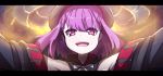  1girl :d bangs bare_shoulders beret black_hat blush eyebrows_visible_through_hair fate/grand_order fate_(series) hair_between_eyes hat helena_blavatsky_(fate/grand_order) long_hair open_mouth outstretched_arms purple_hair short_hair smile solo spread_arms upper_teeth violet_eyes wada_kazu 