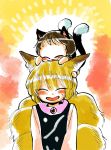  2girls animal_ears blonde_hair blush brown_hair cat_ears cat_tail chen closed_eyes commentary_request eyebrows_visible_through_hair fox_ears fox_tail highres komaku_juushoku long_sleeves multiple_girls multiple_tails on_head short_hair smile sweatdrop tail touhou yakumo_ran younger 