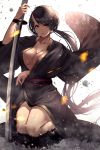  1girl absurdly_long_hair arm_up backlighting bangs bare_legs black_hair black_kimono breasts cleavage closed_mouth collarbone commentary_request covered_nipples eyelashes fingernails grass hand_up highres holding holding_sword holding_weapon horn japanese_clothes katana kimono kisui_(user_wswf3235) large_breasts light_particles lips long_fingernails long_hair long_ponytail long_sleeves looking_at_viewer obi on_grass oni oni_horns original outdoors planted_sword planted_weapon red_eyes sash seiza sharp_fingernails simple_background sitting solo swept_bangs sword under_boob very_long_hair weapon white_background wide_sleeves wind wind_lift 